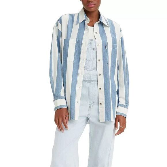 Levi's SilverTab Button Down Oversized Striped Shirt Women's Large Blue White - Picture 1 of 11